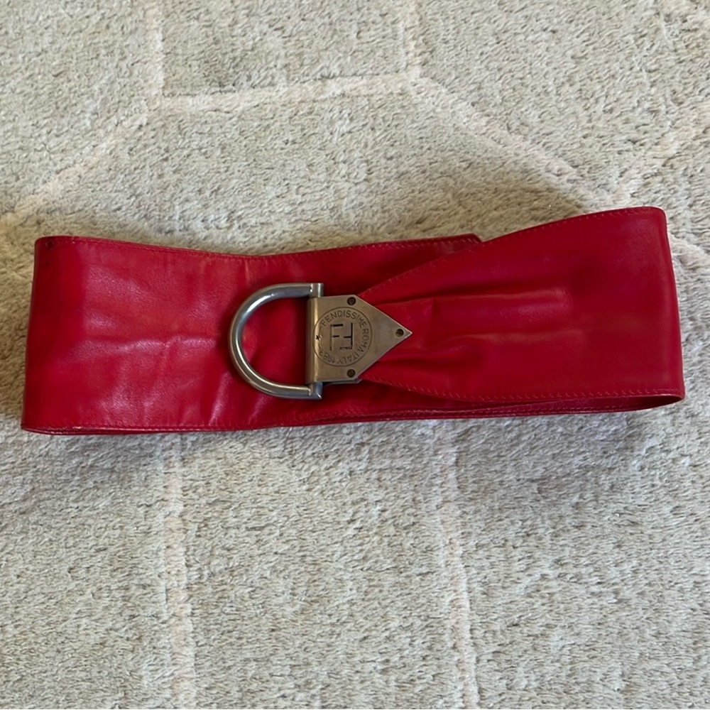 Fendi Red Leather Wide Waist Belt with Signature Buckle